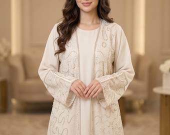 Ivory Abaya Pearl Embellished Glam Wedding Korean Georgette Abaya with Hijab Kaftan kimono Maxi Eid Modest Wear Dress Tatreez Gift for Her