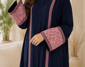 Blue Abaya & Hijab Pink Panel Korean Georgette Kaftan Kimono Maxi Cottagecore Dress Islamic Modest Wear Dress Maternity Gown Tatreez Outfit