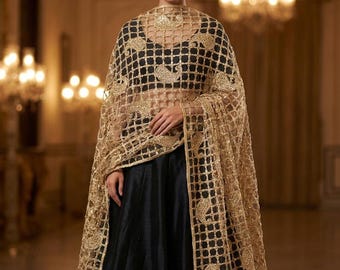 Handmade Golden Dupatta with Foil sequin Zari Embroidered work Scarf for Women, Bridal Veil, Pakistani Indian Anarkali Dress, Wedding Shawl