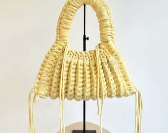 Crochet Bag, Boho Tote Bag, Handmade Straw Bag Style, Reclaimed T-Shirt Yarn Bag, Sustainable Raffia Beach Bag, Yellow Fringe Shoulder Bag