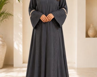 Grey Abaya Hijab keffiyeh Pearl Lace Korean Georgette Kaftan Kimono Maxi Cottagecore Dress Islamic Modest Wear Dress Maternity Gown Tatreez