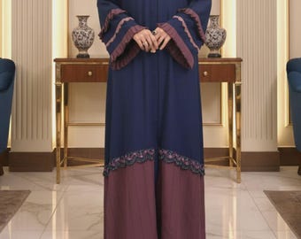 Abaya for Women Frill Sleeve & Front Lace Detail Korean Georgette Kaftan Maxi Dress Eid Hajj Umrah Modest Dress Islamic Tatreez Hijab Gift