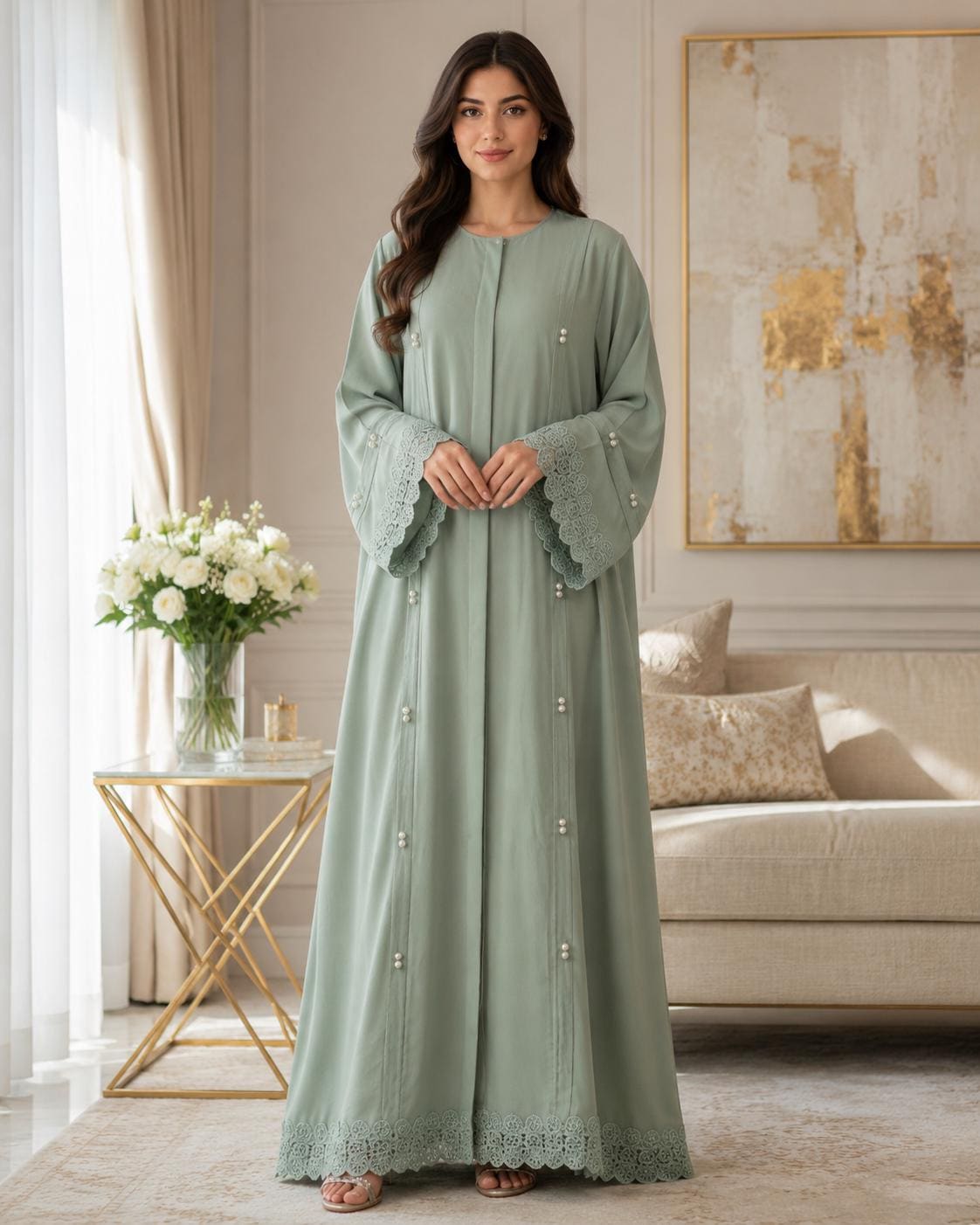 sage green abaya dress Wedding Abaya, Pearl Lace Kaftan Maxi Dress, Modest Islamic Outfit sage green abaya for wedding