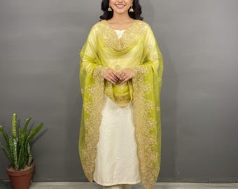 Emerald Green Organza Dupatta with Zari Thread and Mirror Work, Mehndi Dupatta for Bridesmaids
