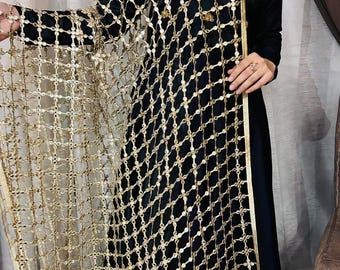 Golden Mirror Jaal Dupatta, Handcrafted Net Fabric