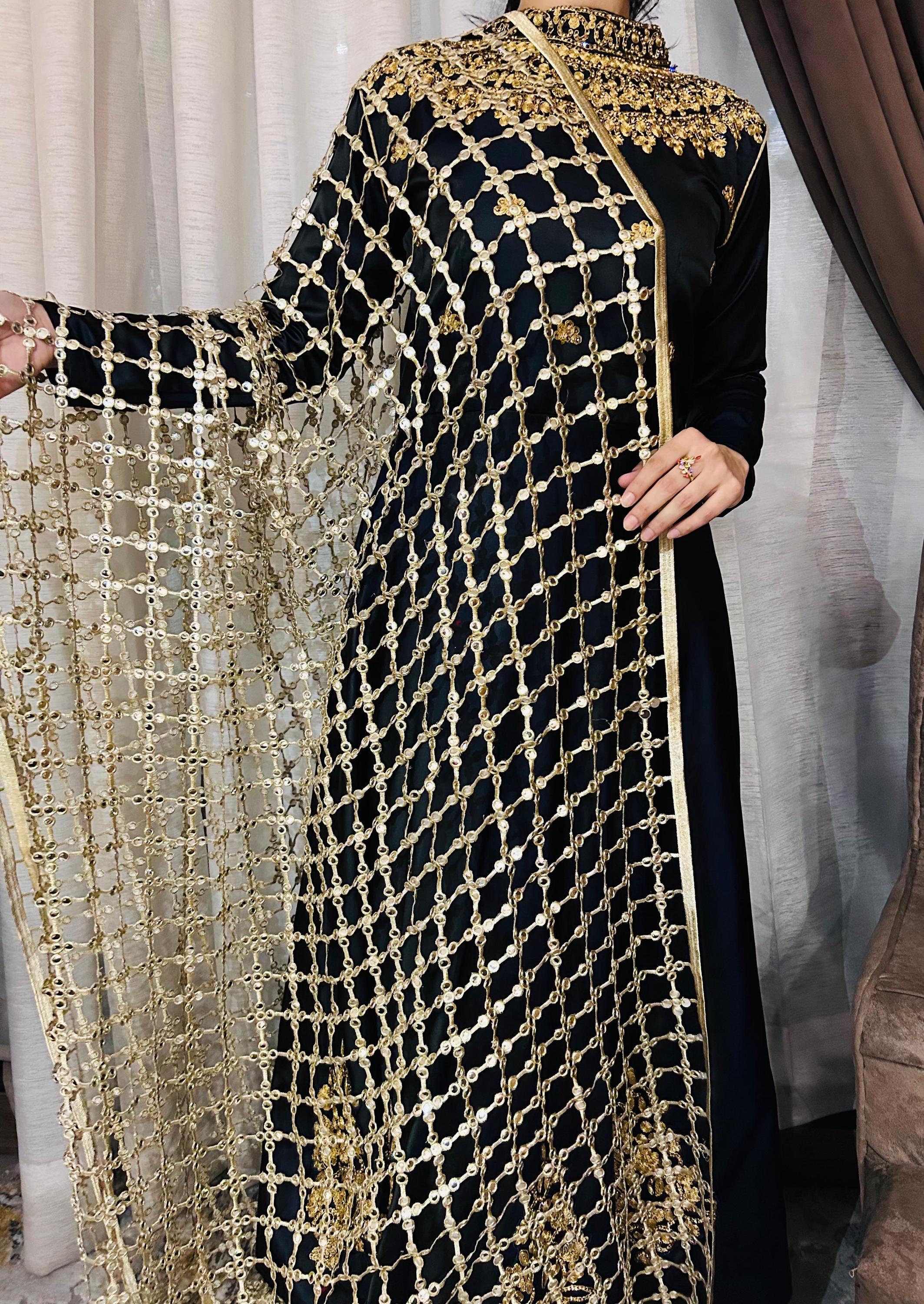 black dress with golden dupatta Salwar Kameez Black Gown With Golden Dupatta Organza Black Salwar Kameez Dupatta Pakistani Eid Dress Online SMALL