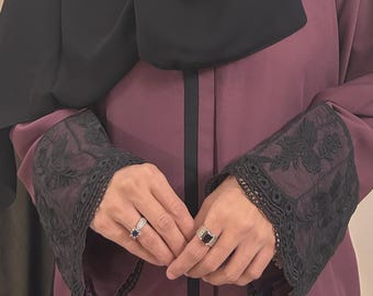 Mauve Black Abaya Embroidered Lace Detail Korean Georgette Kaftan Kimono Maxi Dress Eid Hajj Modest Dress Islamic Tatreez hijab Breathable