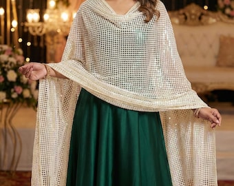White Multicolor Sequin Jaal Dupatta Indian Bridal Dupatta for Wedding Pakistani Indian Dress Shawl Dupatta for Lehenga Saree Salwar Kameez