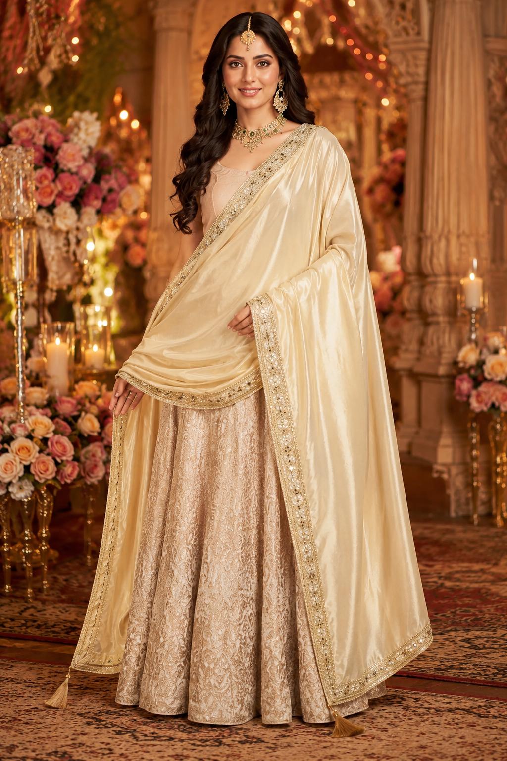 gold and white indian dress Off White Embroidered Bridal Lehenga Choli unstitched main image 0