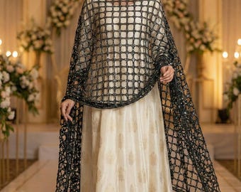 Handgjord Dupatta svart spegel Jaal bröllopssjal, brudslöja för kvinnor, pakistansk indisk klänning, lehenga choli, salwar kameez-kläder