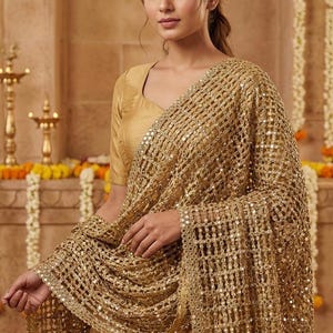 Handmade Embroidered Dupatta Gold with Foil sequin work boarder Wedding Scarf for Women, Bridal Veil, Pakistani & Indian Anarkali Dress