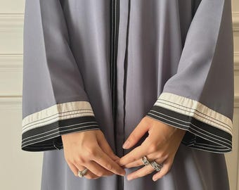 Grey Abaya Color Block Korean Georgette Kaftan Kimono Maxi Dress Hajj Umrah Modest Dress Islamic Wear Tatreez hijab gift Comfortable Outfit