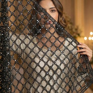 May include: A black, open-weave shawl with a grid pattern and sparkling embellishments. The shawl is held up, partially obscuring the person behind it. The background is softly lit, with warm tones.