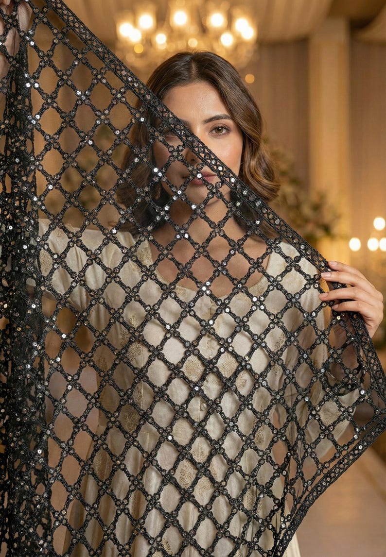 May include: A black, open-weave shawl with a grid pattern and sparkling embellishments. The shawl is held up, partially obscuring the person behind it. The background is softly lit, with warm tones.