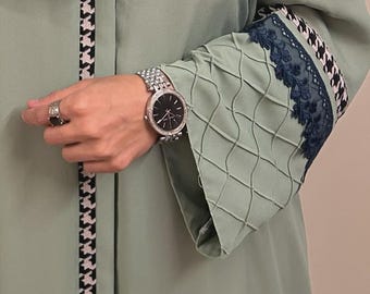 Abaya for Women Lace Sleeve patchwork Front Button Korean Georgette Embroidery Kaftan Kimono Maxi Dress Islamic Tatreez hijab Modest Dress