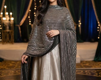 Handmade Black Chiffon Dupatta with Silver Sequin and Tila Embroidery, Indian Wedding Scarf, Bridal Veil for Lehenga Choli, Salwar Kameez