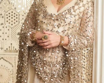 Handmade Golden Dupatta with Foil sequin work Wedding Scarf for Women, Bridal Veil, Pakistani & Indian Anarkali Dress, Wedding Shawl Gift