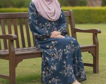 Abaya for Women Navy Blue Floral Printed Abaya Korean Georgette Kaftan Maxi Dress Eid Umrah Casual Wear Modest Dress Lightweight Comfortable