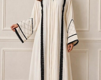 Women Abaya Korean Georgette Fabric Off White Fancy Eid Abaya, Hajj Abaya, Kaftan Modest Dress, Black Lace Kimono Islamic Tatreez Hijab Gift