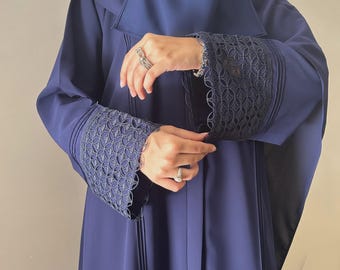 Blue Abaya for Women Korean Georgette Embroidered Kaftan Kimono Maxi Dress Hajj Umrah Modest Dress Islamic Tatreez hijab Breathable Outfit