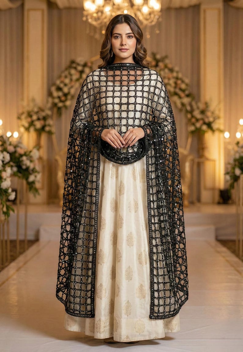 May include: A formal cream-colored gown with gold floral patterns, paired with a black, sequined, grid-patterned cape. The cape has long sleeves and a matching trim. The outfit is suitable for special occasions.