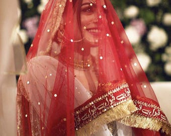 Customizable Red Nikkah Dupatta with Embroidery Gold Sequin Net Veil, Calligraphy Border Bridal Scarf