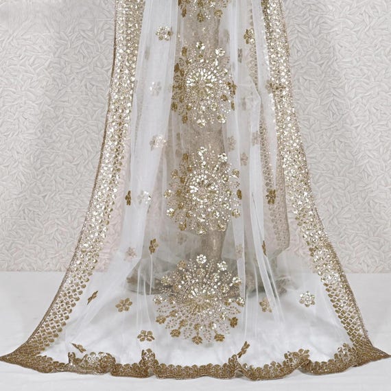 Gold Sequin Embroidered White Sheer wedding veil Fingertip Wedding Veil with Sequined Gold Embroidery V2577SF main image 2