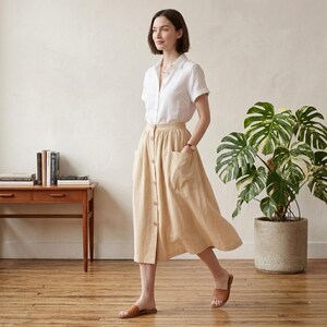 Cotton Midi Skirt High Waisted with Pockets and Buttons Patch Pocket Style, Custom Summer Special Occasion Skirt for Women, Linen wrap skirt