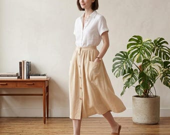 Cotton Midi Skirt High Waisted with Pockets and Buttons Patch Pocket Style, Custom Summer Special Occasion Skirt for Women, Linen wrap skirt