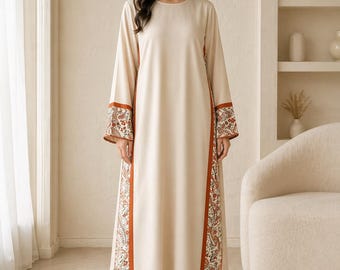 Women Abaya Beige Printed Panel Korean Georgette Kaftan Maxi Dress Hajj Eid kimono Modest Dress Islamic Tatreez Hijab Outfit Gift for her