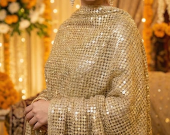 Handmade Golden Sequin Jaal Dupatta Indian Bridal Dupatta for Wedding Pakistani Indian Dress Shawl | Dupatta for Lehenga Saree Salwar Kameez