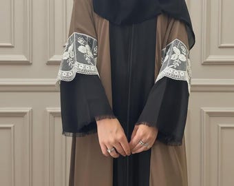 Coffee Brown Abaya Zipper Front Panelled Embroidered Korean Georgette Kaftan Kimono Maxi Dress Hajj Umrah Modest Dress Islamic Tatreez hijab