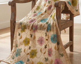 Off White Organza Dupatta, Hand Painted Floral Sequins Beads Work, Wedding Veil Lehenga Scarf
