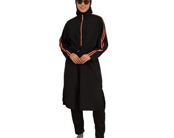 Traje de baño musulmán burkini Hayaa negro con rayas naranjas hasta la rodilla con cobertura total