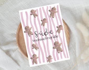 Christmas greeting card | Pink card, gingerbread men, Christmas mail, festive gift for family and friends | A6 textured paper including envelope