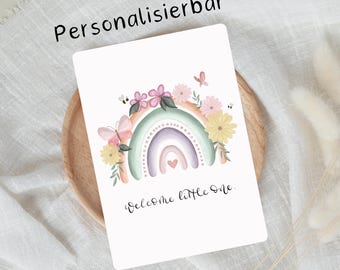 Personalized birth announcement card, greeting card for newborns, gift | Rainbow flowers | Welcome little one | A6 textured paper including envelope