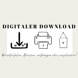 Grafik für digitalen Download mit Symbolen für Herunterladen, Drucken und Aufhängen – Hinweis auf digitale Line-Art-Kunst zum selbst Ausdrucken.