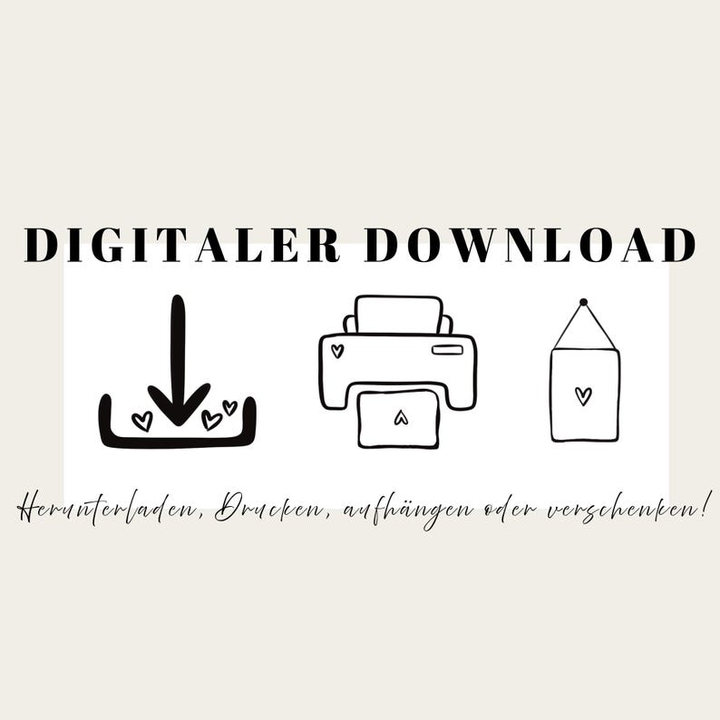 Grafik für digitalen Download mit Symbolen für Herunterladen, Drucken und Aufhängen – Hinweis auf digitale Line-Art-Kunst zum selbst Ausdrucken.
