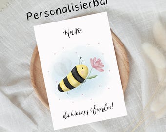 Welcome Gift Card for a New Birth | A6 incl. Envelope | Hello Little Miracle | Bee | Personalizable