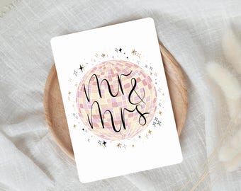 Wedding card Mr & Mrs | Wedding greeting card with disco ball | Gift for civil ceremony or humanist wedding | Watercolor glitter design | A6 including envelope