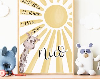 Personalisiertes Geburtsposter Baby | Name & Geburtsdaten | Geschenk zur Geburt | Kinderzimmer Poster Giraffe | Digitale Datei
