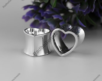 Pair of Handmade Sterling Silver Heart Tunnel Plugs, Double Flare Tunnel Plugs, Silver Heart Ear Plugs Love Gauges For Stretched Ears Tunnel