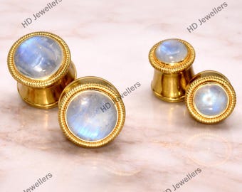 Par de dilatadores circulares de plata esterlina hechos a mano, dilatadores de doble ensanchamiento con piedras preciosas, túneles de piedra lunar para orejas estiradas.