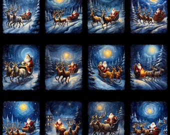 Santa Reindeer Cart Van Gogh Starry Night PNG, Funny Christmas Holiday Art Clipart, Sublimation Digital Download