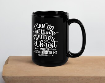 KJV Philipians 4:13 Black Coffee Mug Inspirational Bible Verse 15 oz