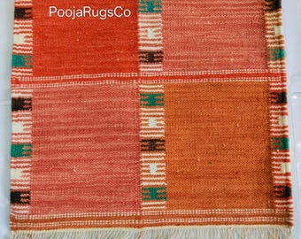 Handwoven Wool Kilim Rug, Red Geometric Patchwork, Vintage Style