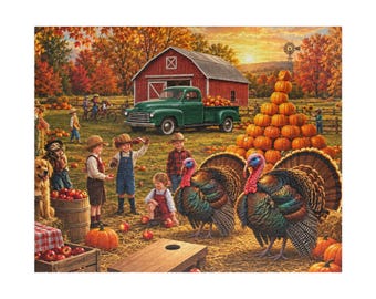 Thanksgiving Harvest Puzzle, Autumn Farm Turkey Jigsaw, 520 or 1014 Pieces, Fall Family Gift