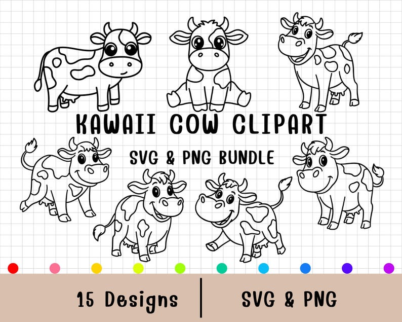 Kawaii Cow Clipart: Farm Animal SVG & PNG Bundle (digital Download ...