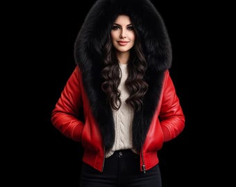 Ladies Genuine Leather Puffer Jacket: Fox Fur Hood, Handmade Winter Coat