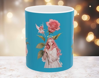 Pink Rose Angel Illustration Ceramic Coffee Mug, 11oz